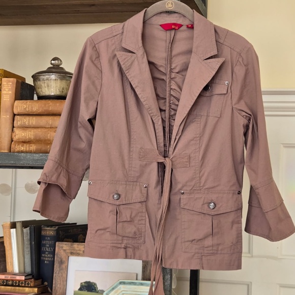 G.I.L.I. stylish khaki Jacket or Blazer with pockets, ruching and tie front. o/s - Picture 12 of 12